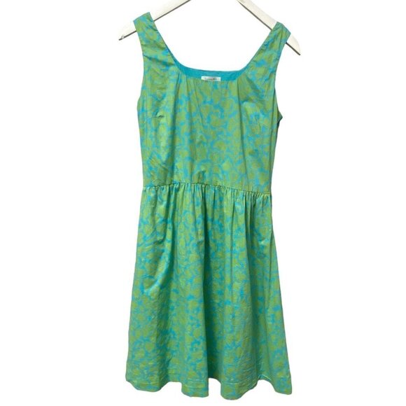 GARNET HILL Cotton Dress Size 8 Green Blue Boho Preppy Print Sleeveless Sash Tie - Picture 12 of 13